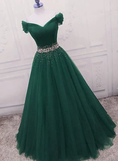Gorgeous Dark Green Tulle Off Shoulder Long Prom Dresses, Prom Gowns