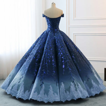 Gorgeous Navy Blue Lace Applique Off Shoulder A-line Ball Gown-Lace-Up Princess Prom Dresses