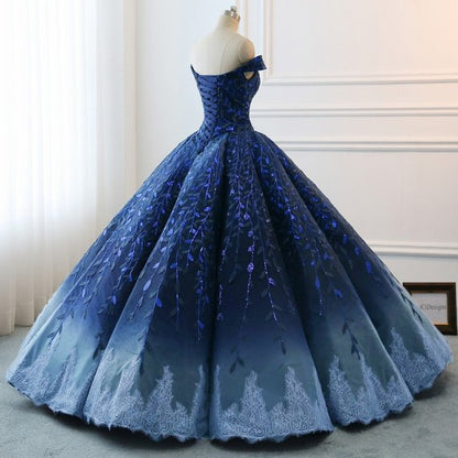 Gorgeous Navy Blue Lace Applique Off Shoulder A-line Ball Gown-Lace-Up Princess Prom Dresses