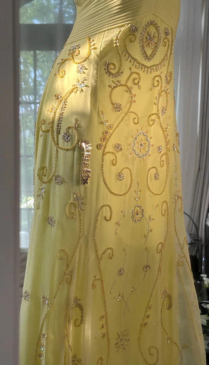 Gorgeous Butter Yellow Spaghetti Straps A-Line Tulle Beaded Long Prom Dresses Backless Prom Gown