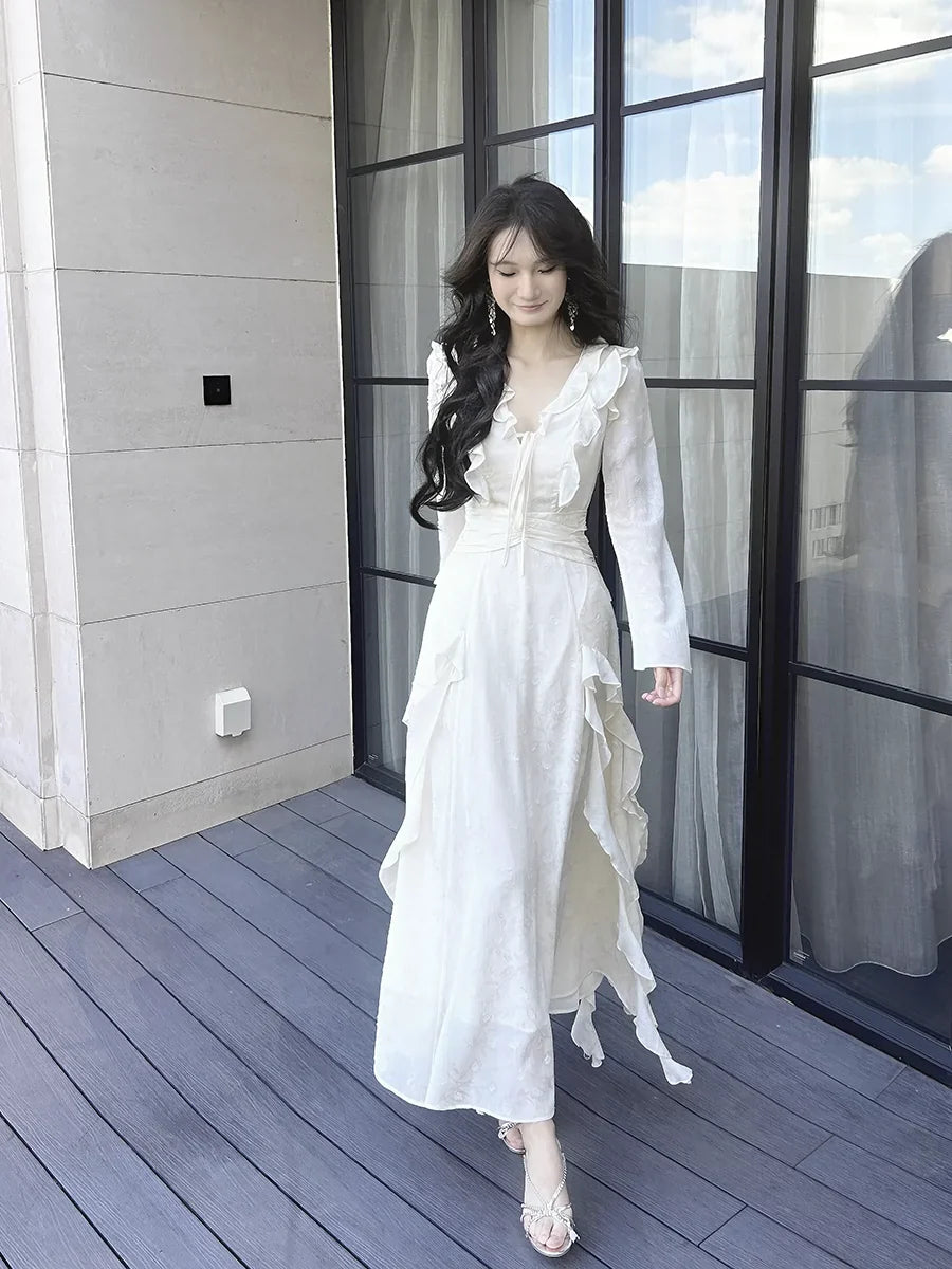 v-neck dress long sleeves ruffled dress     S6151