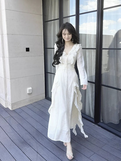 v-neck dress long sleeves ruffled dress     S6151