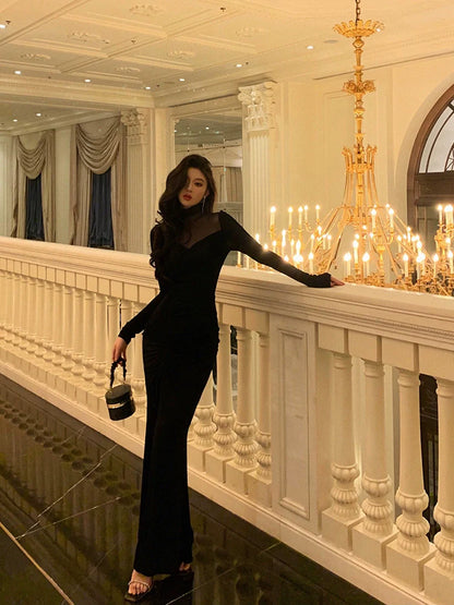 Black mesh splicing dress evening dress    S5503