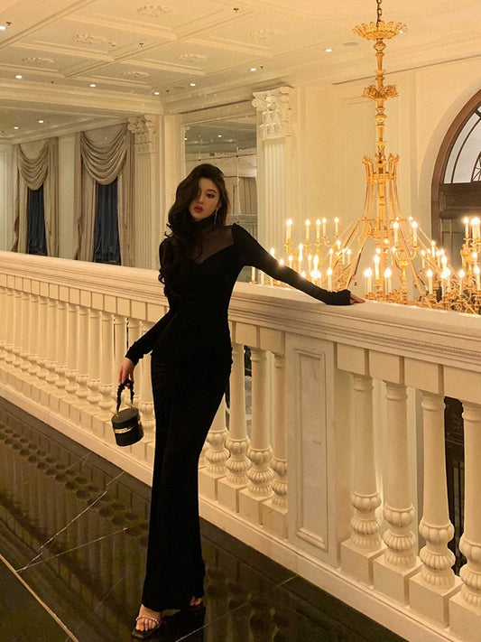Black mesh splicing dress evening dress    S5503