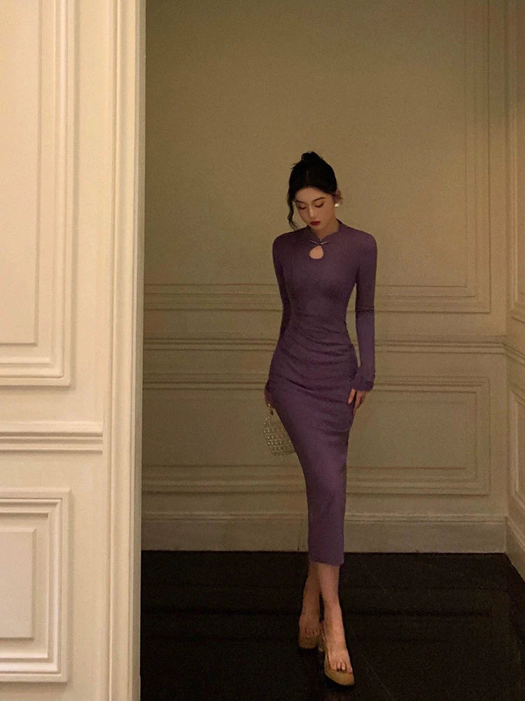 Purple cheongsam dress for women new style party dress     S5620