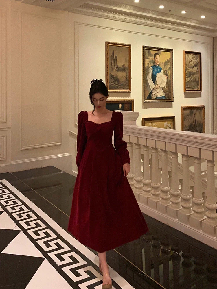 Red square neck velvet dress new French style party dress     S5663