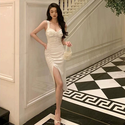 White suspender dress for women summer sexy slit dress     S5848