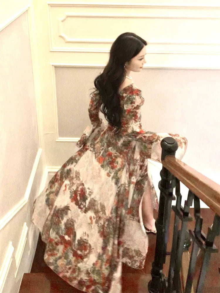 French retro printed dress layered long evening party dress     S5987