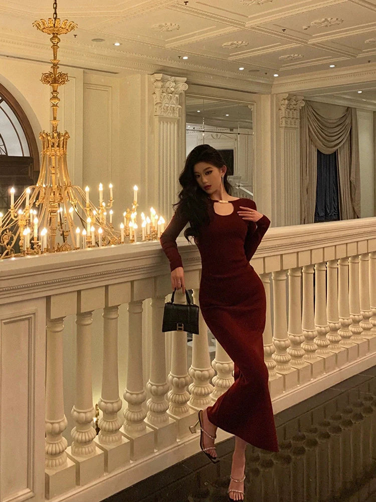 Red long-sleeved knitted dress party dress     S5700