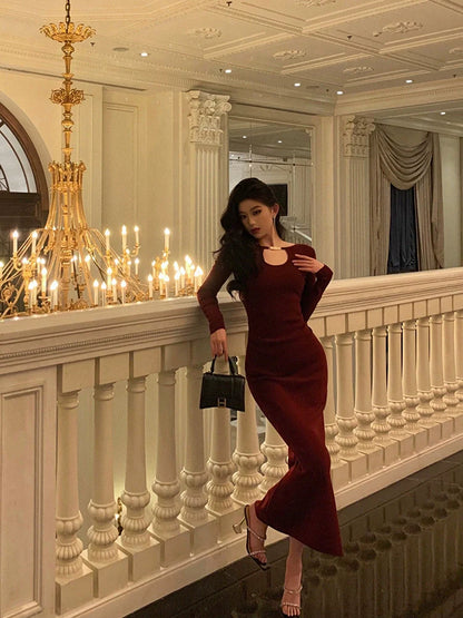 Red long-sleeved knitted dress party dress     S5700