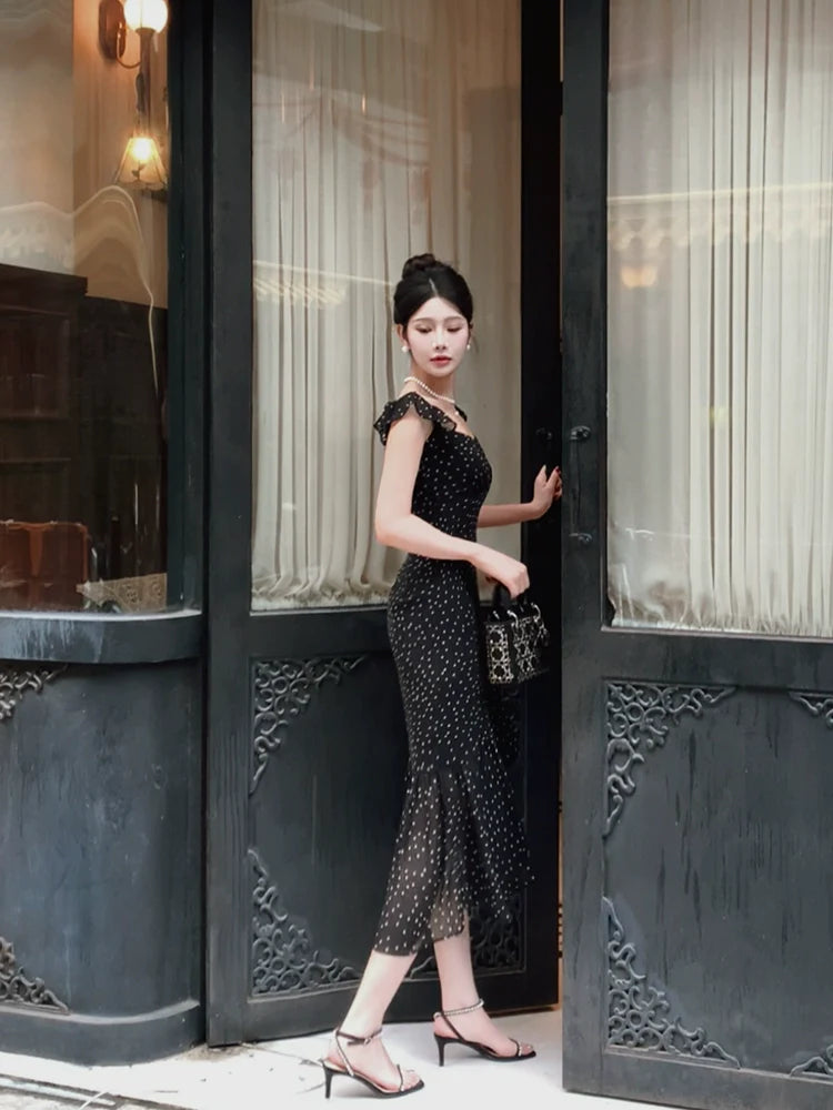black polka dot flying sleeves party dress   S6135