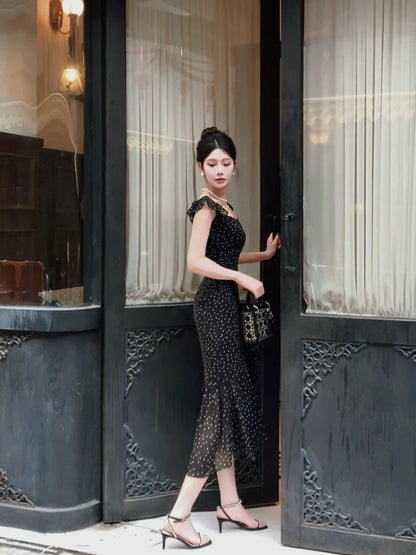 black polka dot flying sleeves party dress   S6135