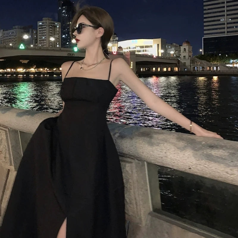 Black simple Spaghetti Straps dress women's summer long dress      S5861