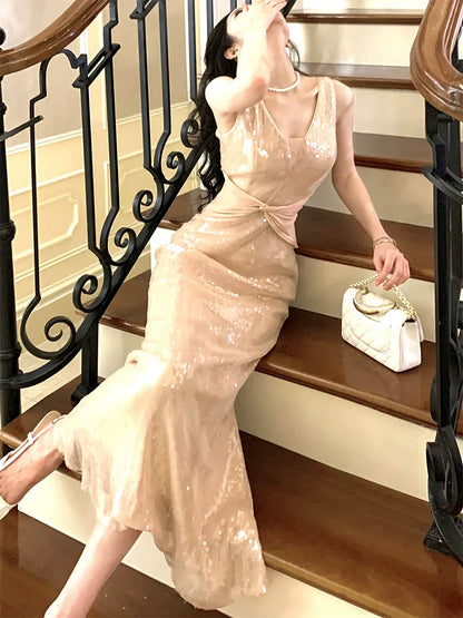 sequined dress V-neck long party dress     S6031