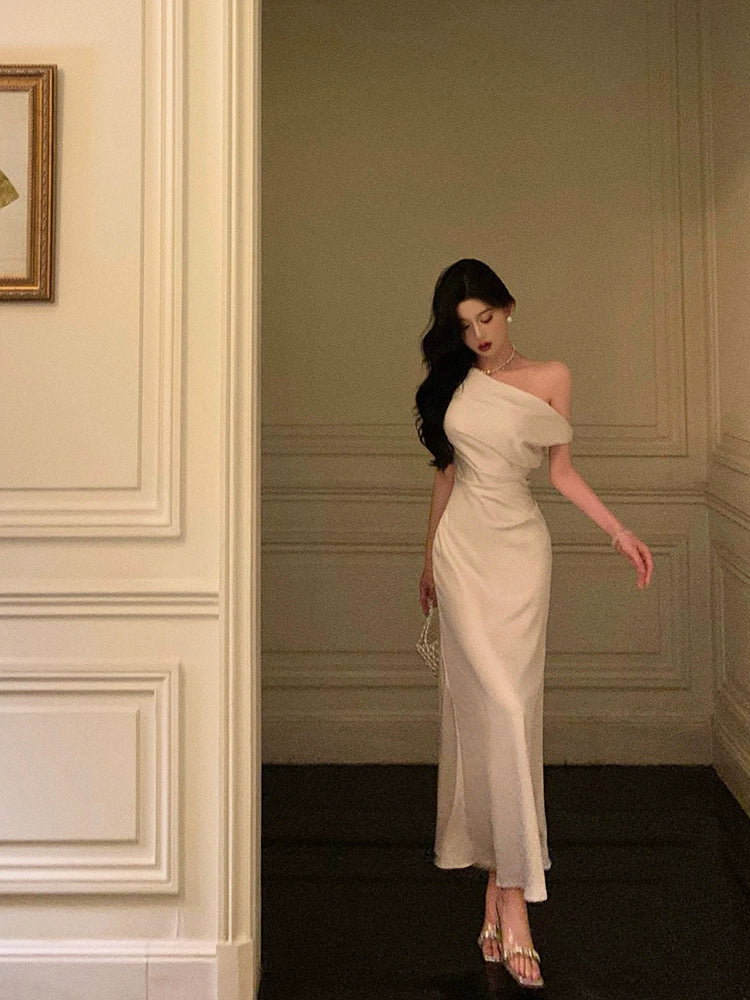 off-shoulder satin dress for women new style mermaid party dress     S5649