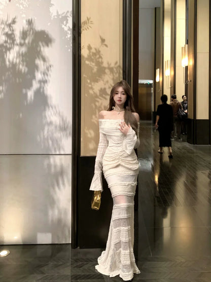 Off-shoulder white mermaid long sleeve dress lace splicing long party dress     S5906
