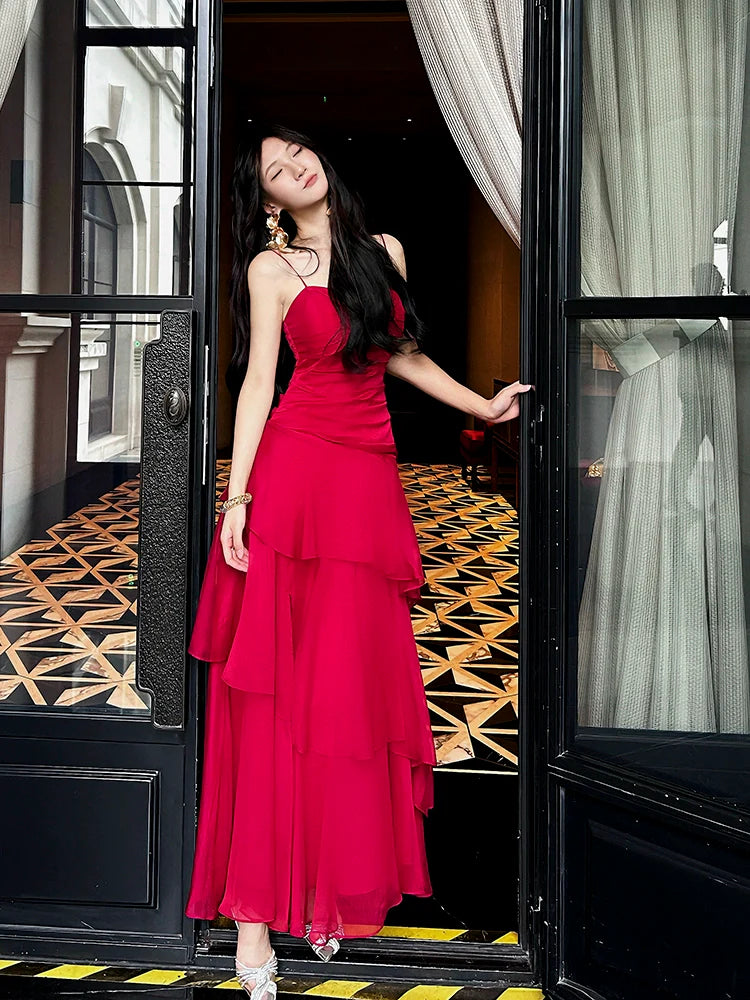 Design Red ruffled dress mermaid long party dress    S6047