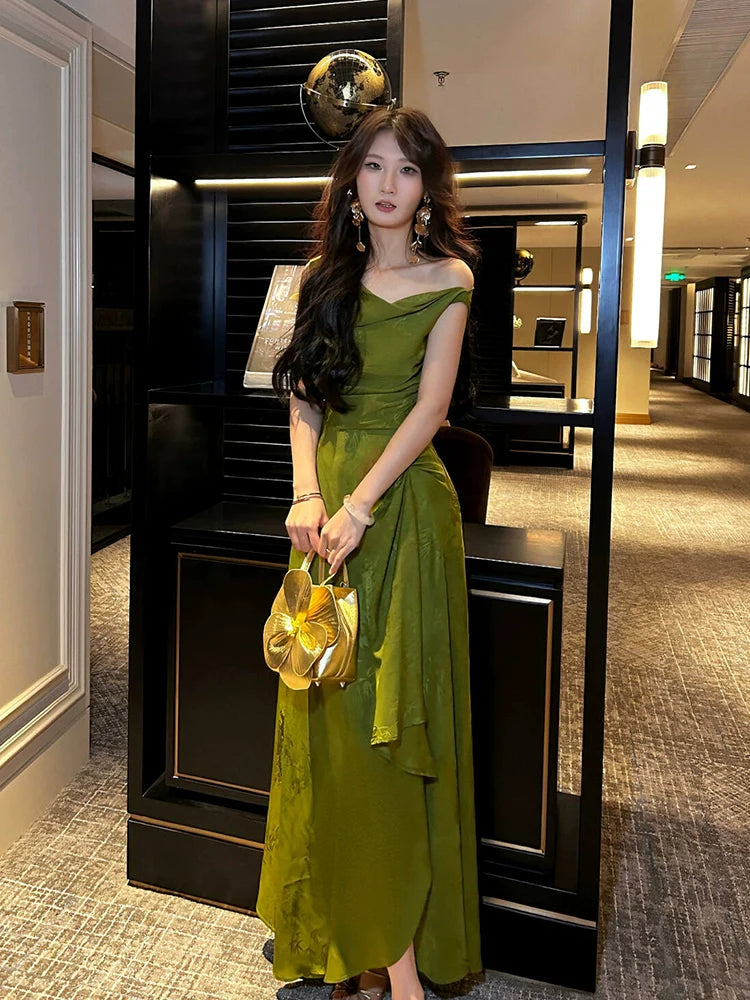 Jacquard off-shoulder dress long party dress     S6152