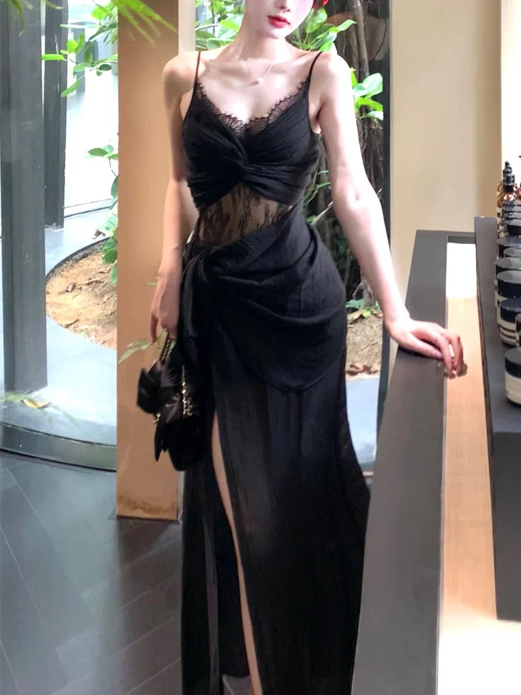 Black retro lace dress summer party dress    S6052