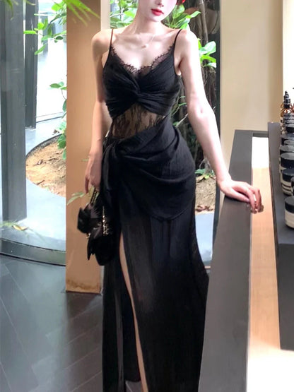 Black retro lace dress summer party dress    S6052