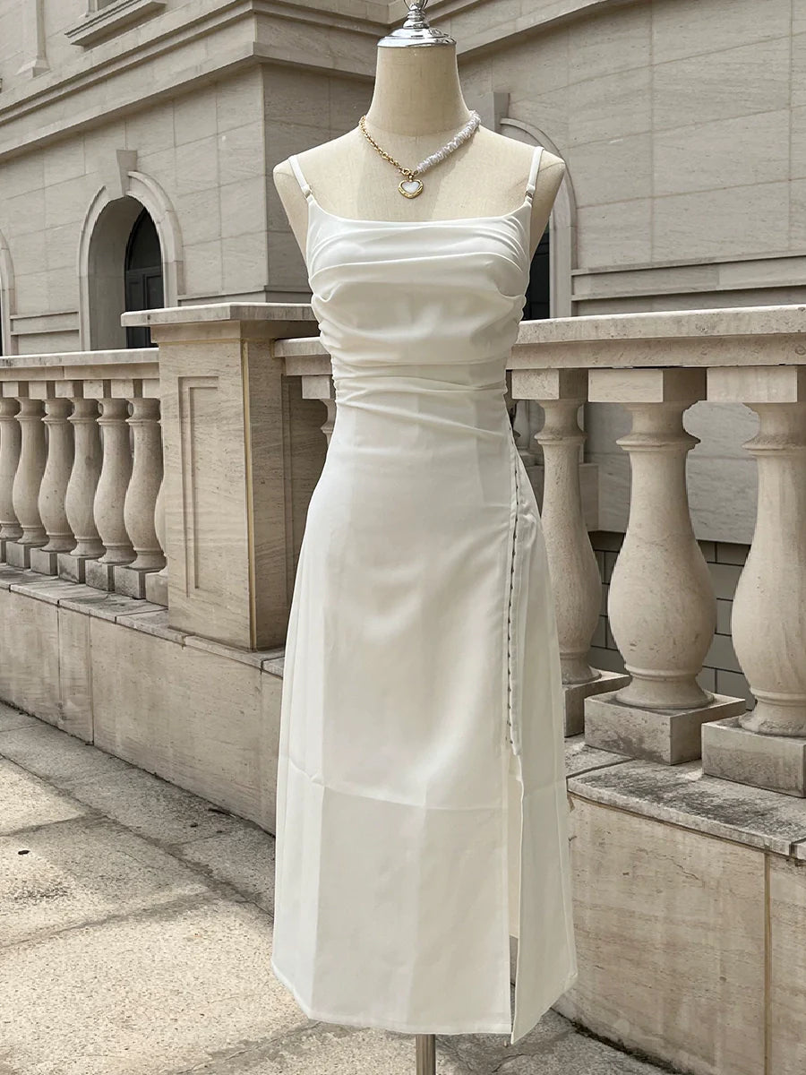 white dress sexy backless slit party dress       S6009