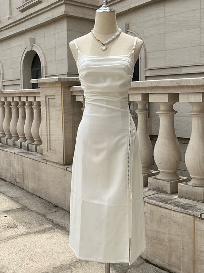 white dress sexy backless slit party dress       S6009
