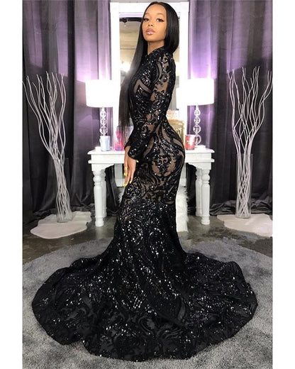 High Neck Shiny Appliques Black Girl Prom Dresses | Mermaid Long Sleeve Prom Gown