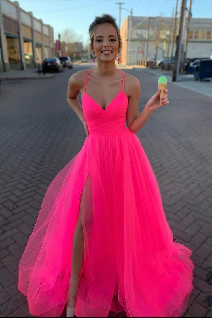 Neck Prom Dresses A-Line Split Prom Gowns