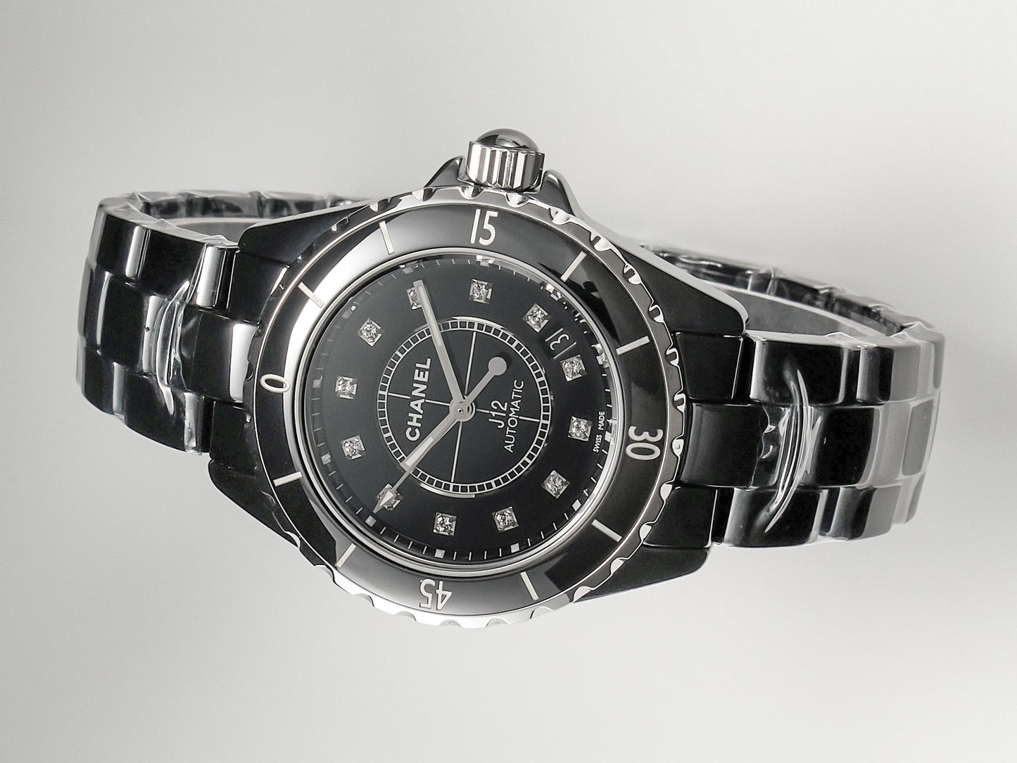 J12 Date Automatic Black Ceramic Diamond Numerals Black Dial White Steel Hands