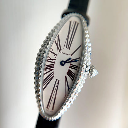 Vintage Baignoire 21mm Silver Diamond Case Black Leather