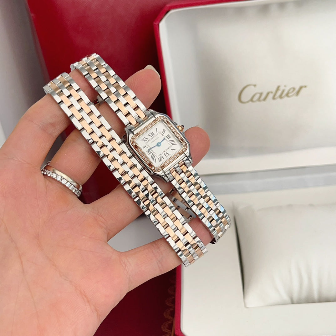 Panthere 22mm Pink Gold Silver Diamond Bezel Double Chain 44cm