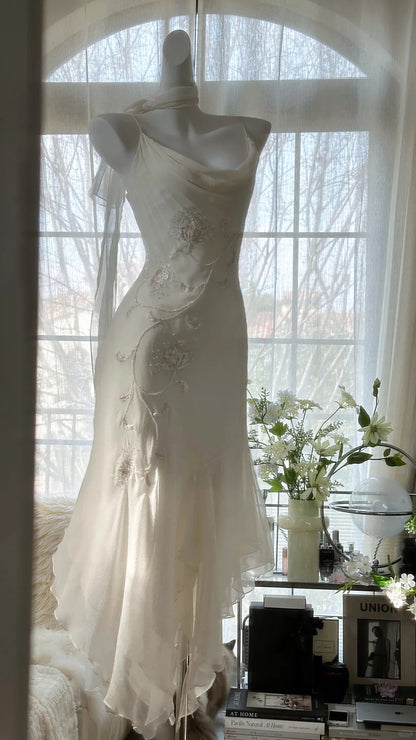 Ivory White Elegant Fashion Exquisite Floral Beading Long Chiffon Ball Gowns Prom Dress