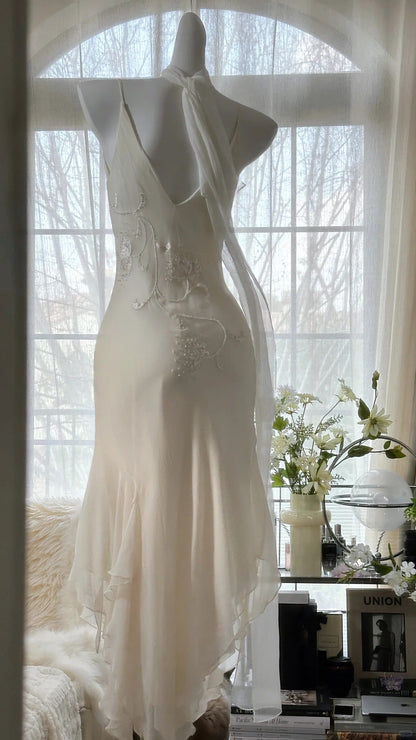 Ivory White Elegant Fashion Exquisite Floral Beading Long Chiffon Ball Gowns Prom Dress