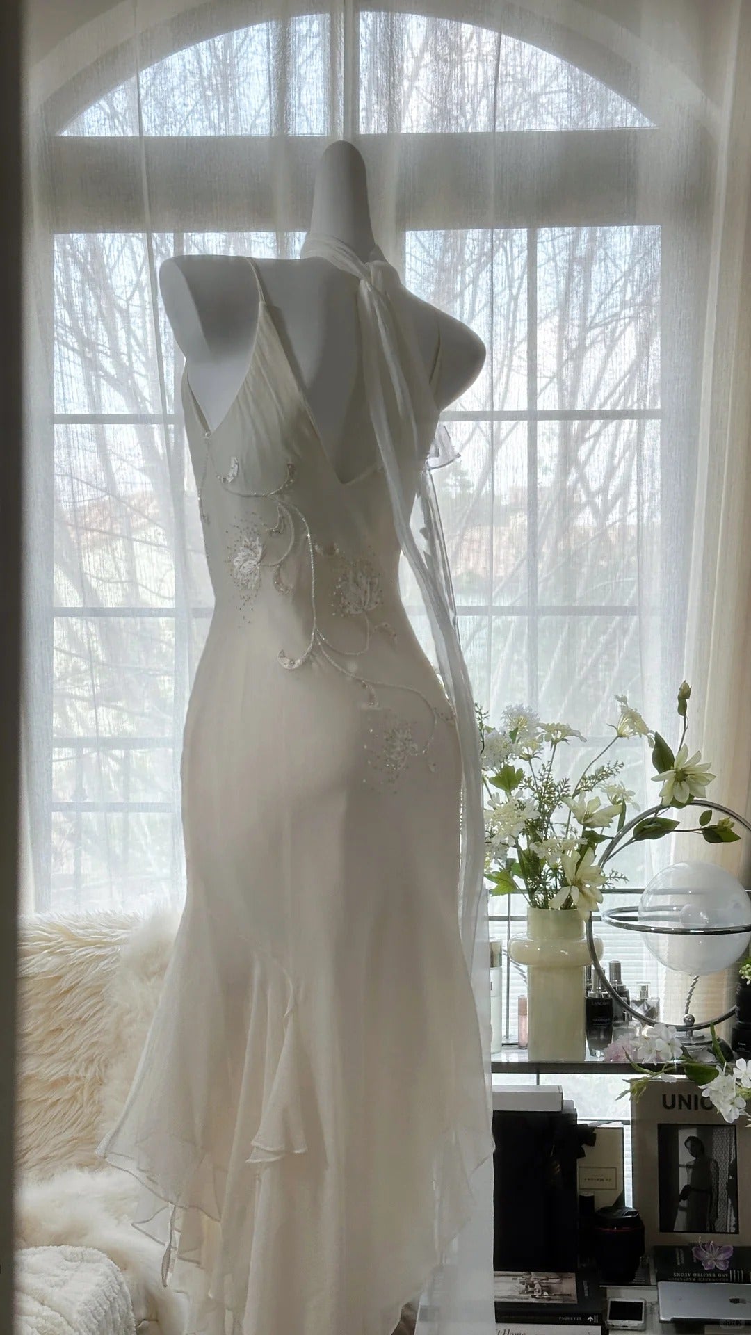 Ivory White Elegant Fashion Exquisite Floral Beading Long Chiffon Ball Gowns Prom Dress