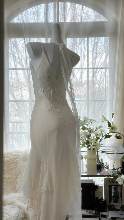 Ivory White Elegant Fashion Exquisite Floral Beading Long Chiffon Ball Gowns Prom Dress