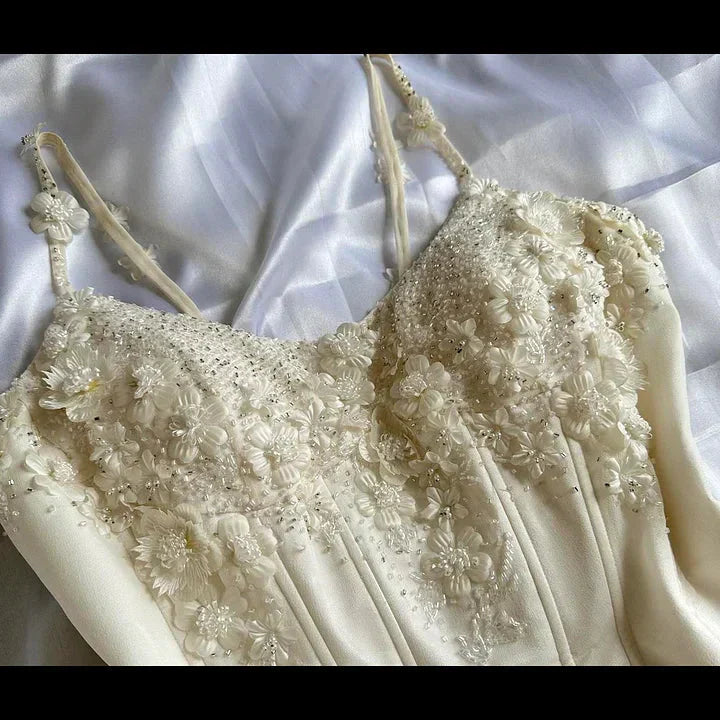 Ivory Luxury Gorgeous Fashion Exquisite Flowers Beading Long Chiffon Elegant Ball Gowns Prom Dress