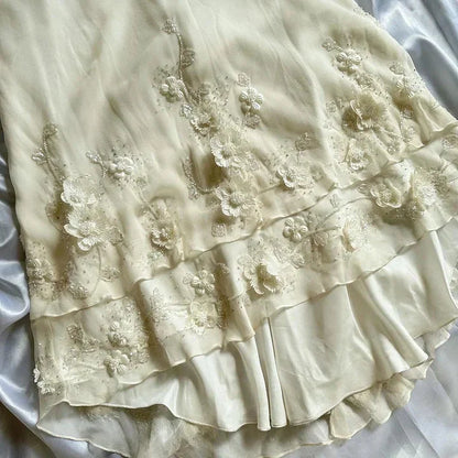 Ivory Luxury Gorgeous Fashion Exquisite Flowers Beading Long Chiffon Elegant Ball Gowns Prom Dress