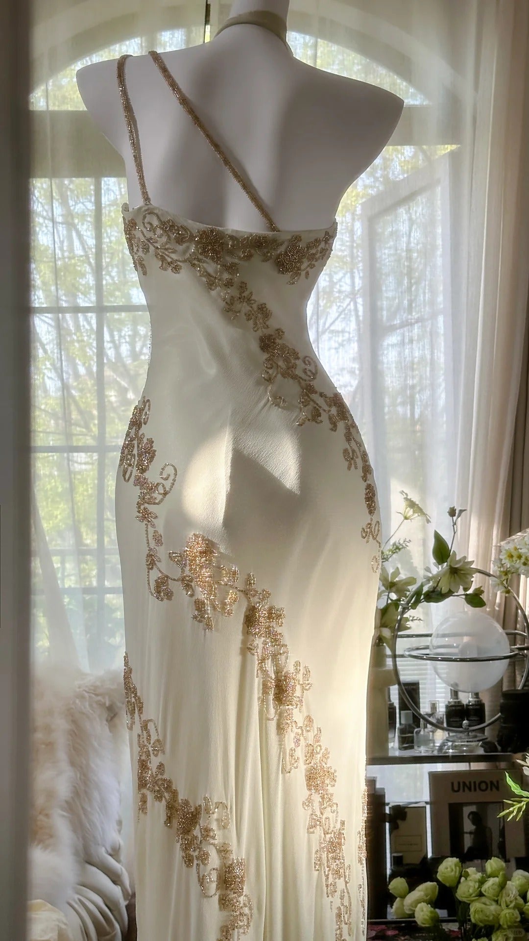 Ivory/Green Vintage Fashion One Shoulder Exquisite Beaded Long Chiffon Ball Gowns Birthday Prom Dress Cocktail Prom Dress Prom Dress
