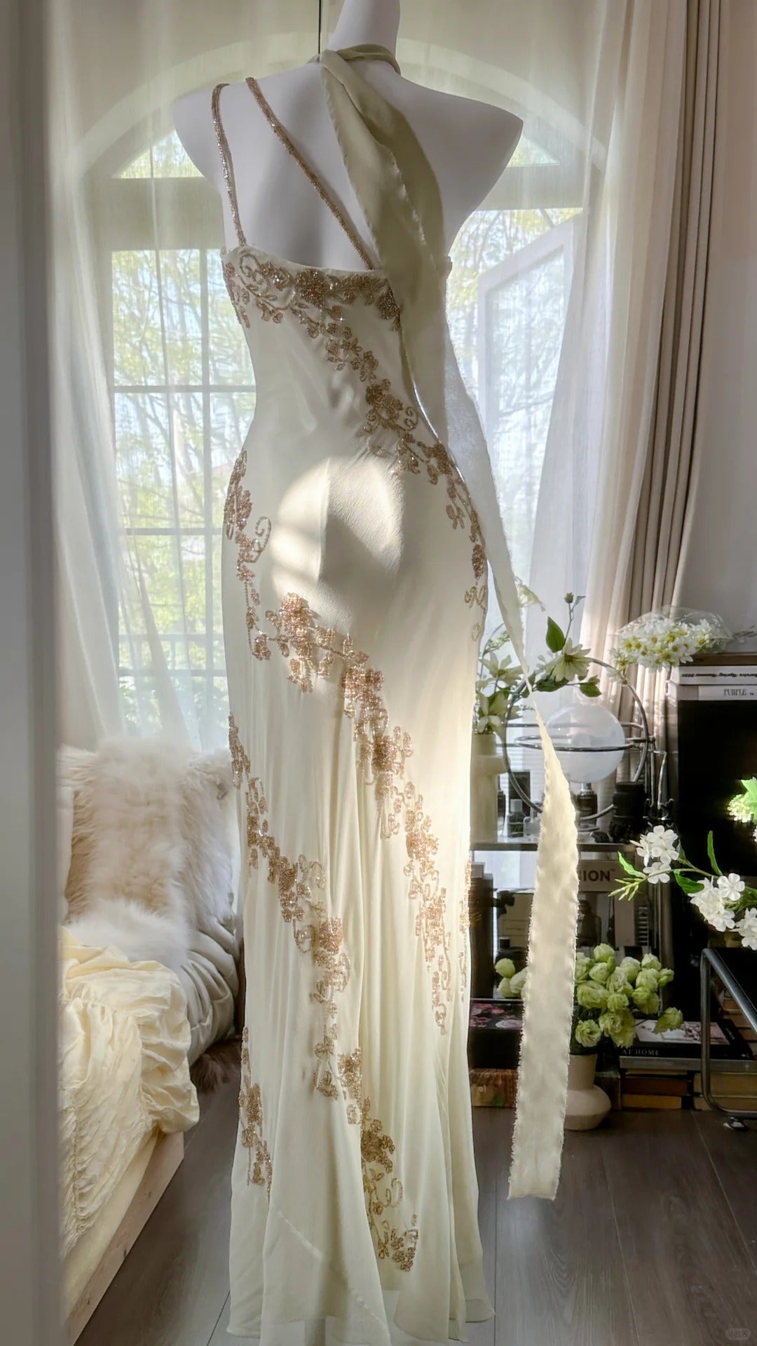 Ivory/Green Vintage Fashion One Shoulder Exquisite Beaded Long Chiffon Ball Gowns Birthday Prom Dress Cocktail Prom Dress Prom Dress