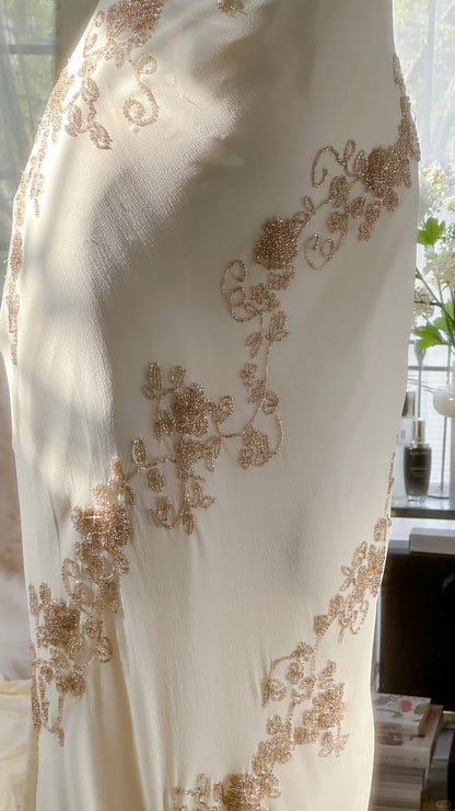 Ivory/Green Vintage Fashion One Shoulder Exquisite Beaded Long Chiffon Ball Gowns Birthday Prom Dress Cocktail Prom Dress Prom Dress