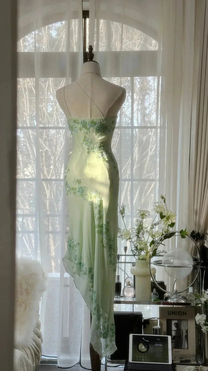 Ivory/Green Vintage Fashion One Shoulder Exquisite Beaded Long Chiffon Ball Gowns Birthday Prom Dress Cocktail Prom Dress Prom Dress