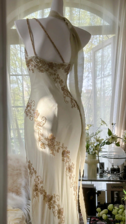 Ivory/Green Vintage Fashion One Shoulder Exquisite Beaded Long Chiffon Ball Gowns Birthday Prom Dress Cocktail Prom Dress Prom Dress
