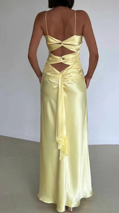 Yellow Fashion Elegant Satin Backless Long Spaghetti Straps Prom Gowns Prom Dresses