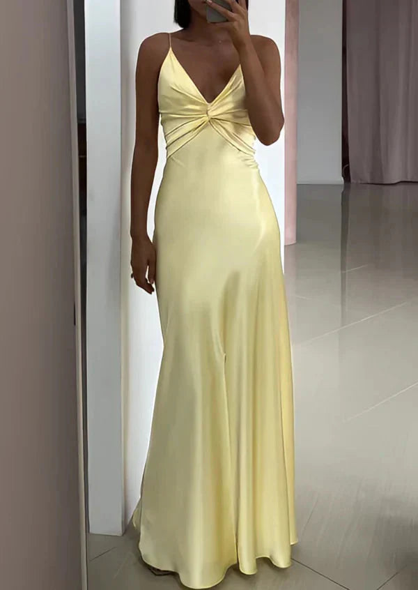 Yellow Fashion Elegant Satin Backless Long Spaghetti Straps Prom Gowns Prom Dresses