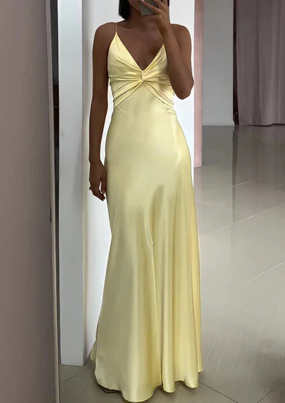 Yellow Fashion Elegant Satin Backless Long Spaghetti Straps Prom Gowns Prom Dresses