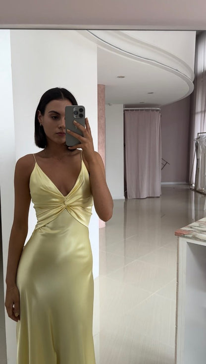 Yellow Fashion Elegant Satin Backless Long Spaghetti Straps Prom Gowns Prom Dresses