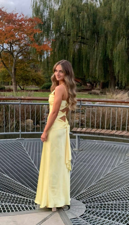 Yellow Fashion Elegant Satin Backless Long Spaghetti Straps Prom Gowns Prom Dresses
