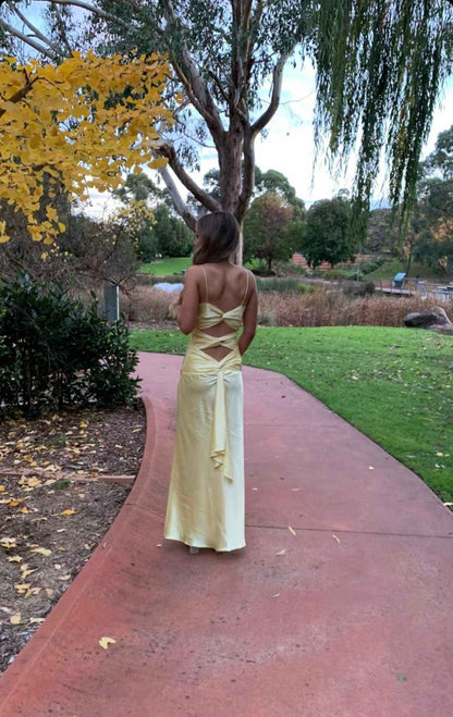 Yellow Fashion Elegant Satin Backless Long Spaghetti Straps Prom Gowns Prom Dresses