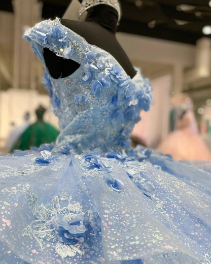 Light Blue Sparkly Off The Shoulder Appliques Prom Dress Quinceanera Dress Sweet 16 Prom Dresses Ball Gowns