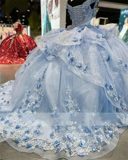 Light Blue Sparkly Off The Shoulder Appliques Prom Dress Quinceanera Dress Sweet 16 Prom Dresses Ball Gowns